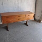 Brown teak sideboard by Frank Guille for Austinsuite, 1960s, 6 drawers, trestle legs.