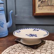 Antique footed dish – blue floral decoration – St Amandinoise
