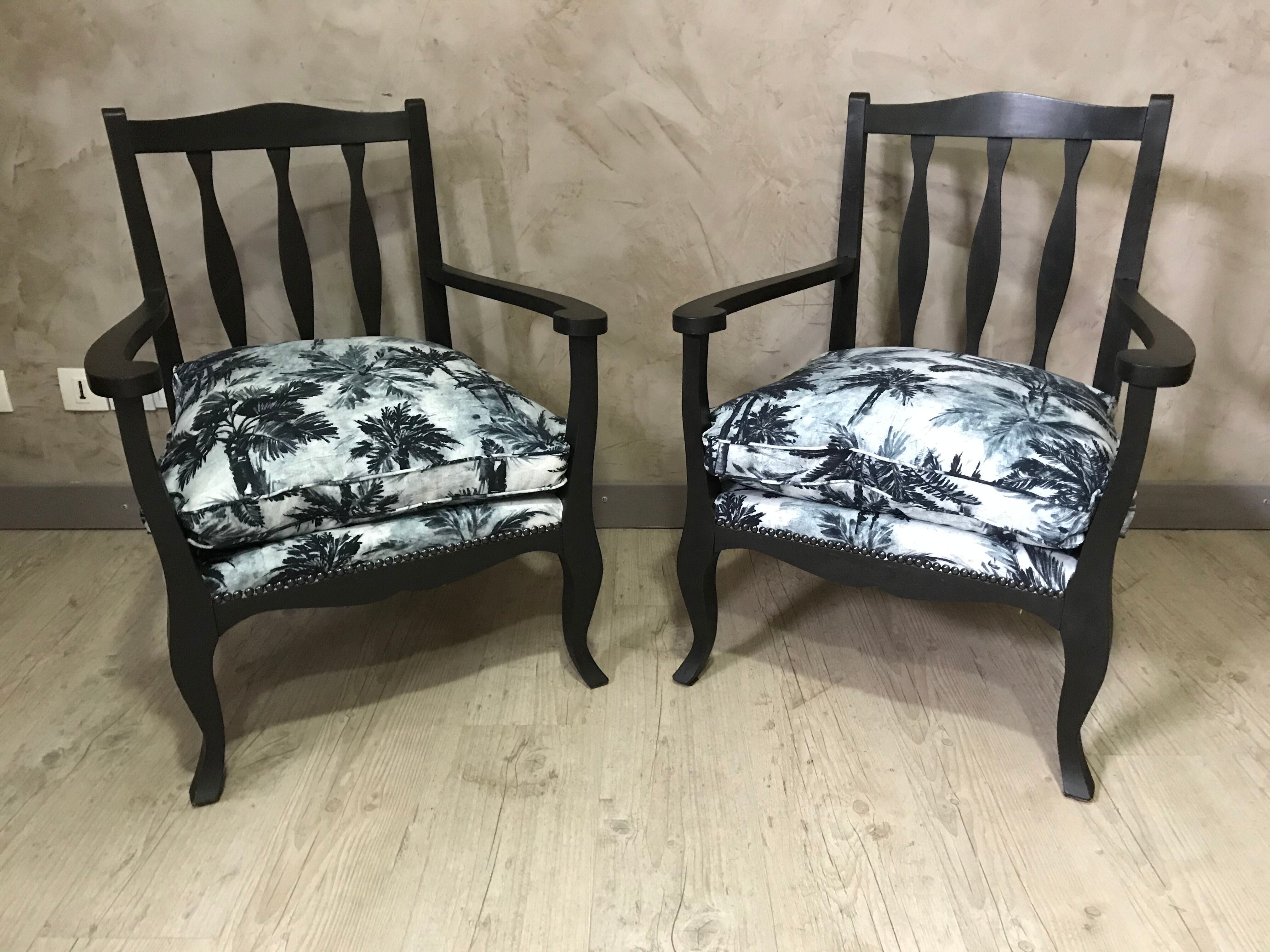 Pair of jungle fabric armchairs