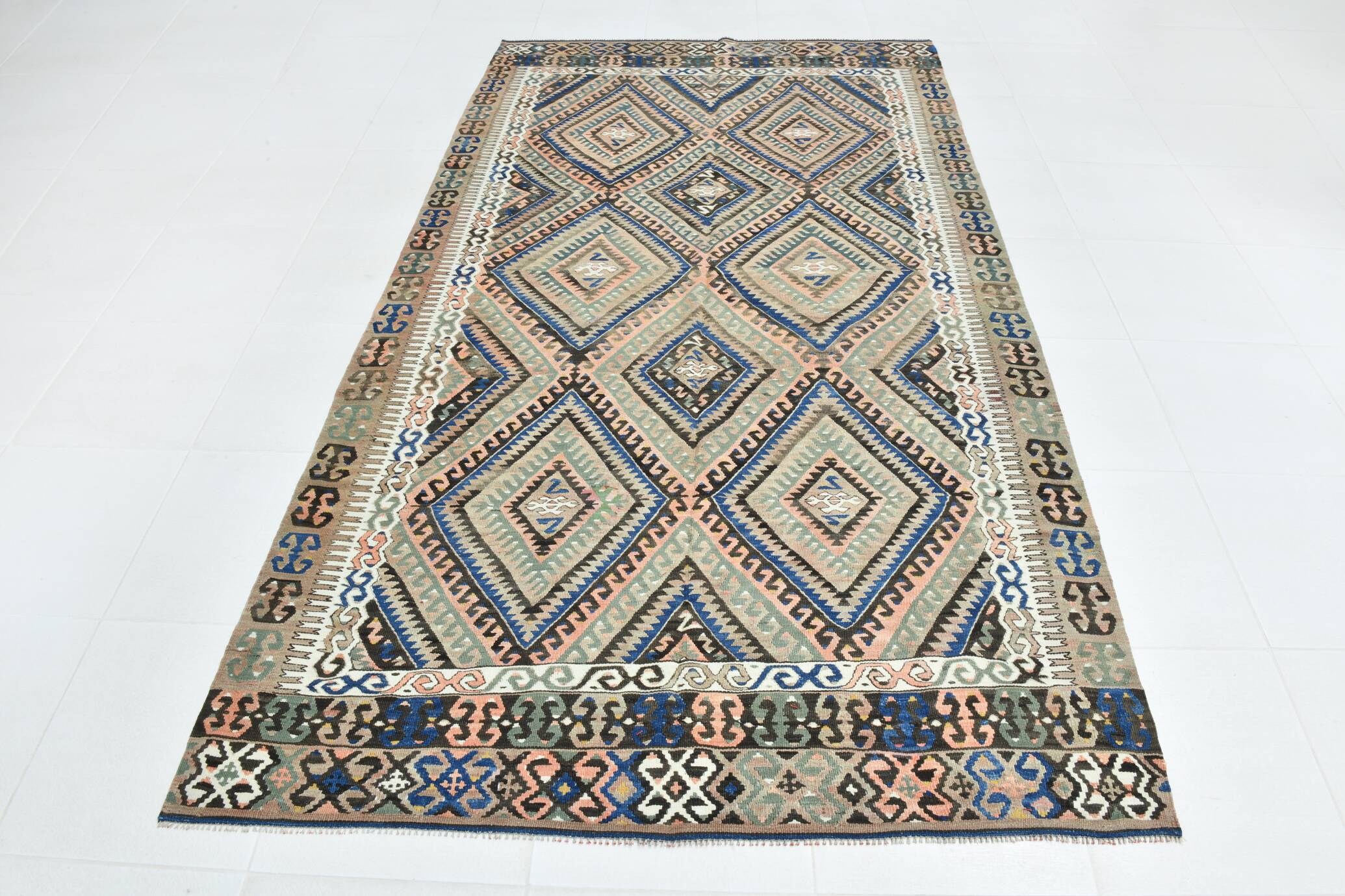 5x9 Kilim Anatolian Carpet, Handwoven Wool Rug, Blue Details Rug, 154x275Cm