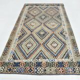 5x9 Kilim Anatolian Carpet, Handwoven Wool Rug, Blue Details Rug, 154x275Cm