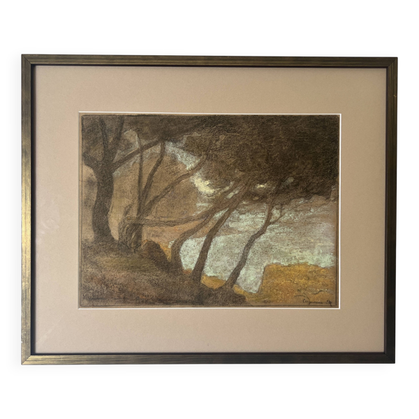 Tableau paysage en pastel sous verre signé Henri Marchal