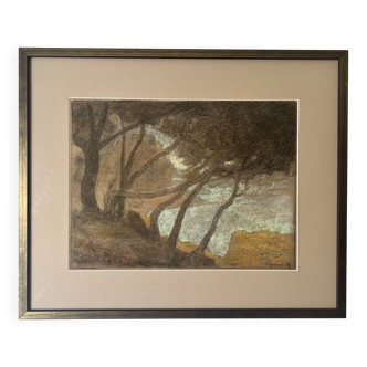 Pastel landscape under glass signed Henri Marchal