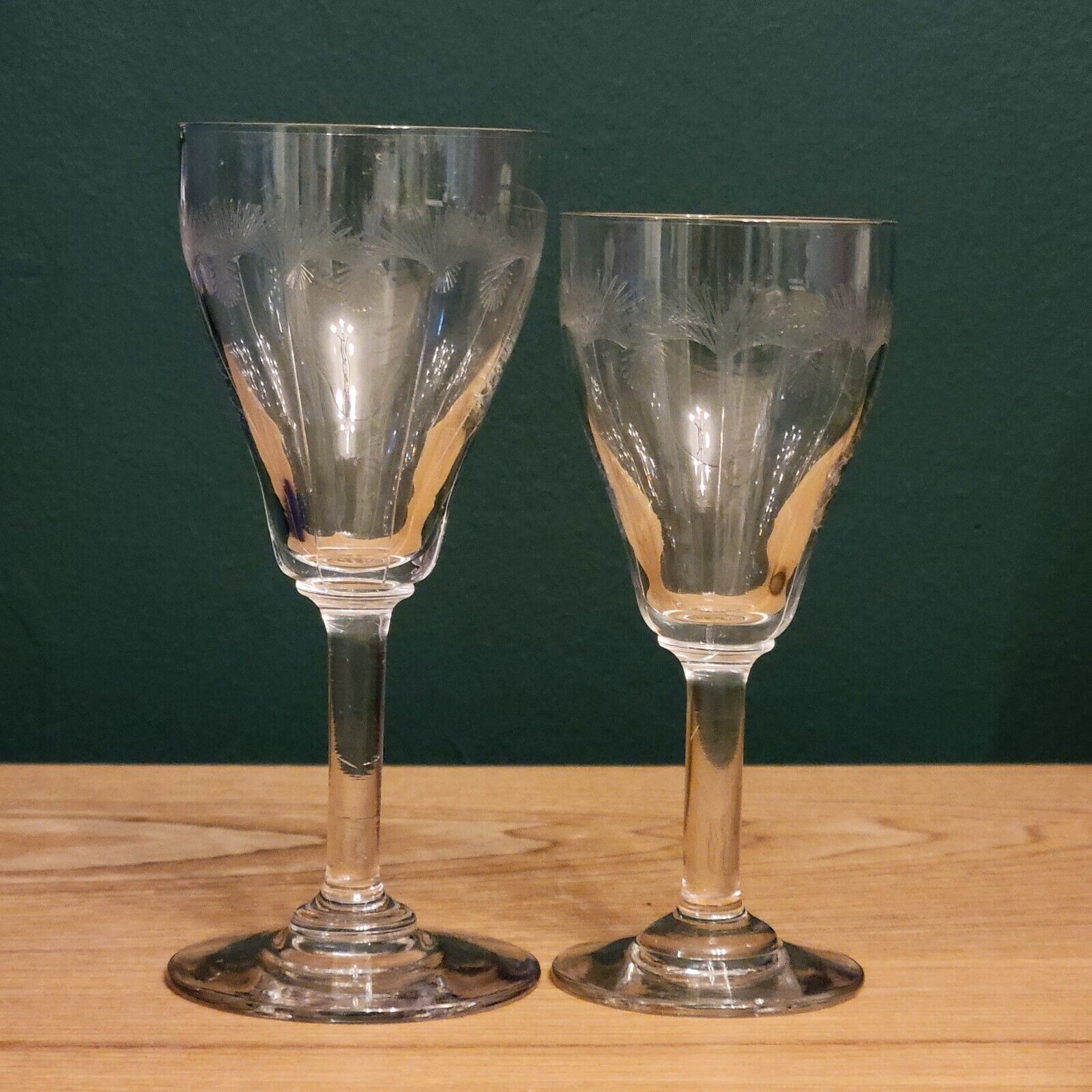 10 old cut glass glasses engraved palm decoration 1930