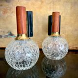 Pair of wall lights with blown glass balls, metal and teak from the 50s