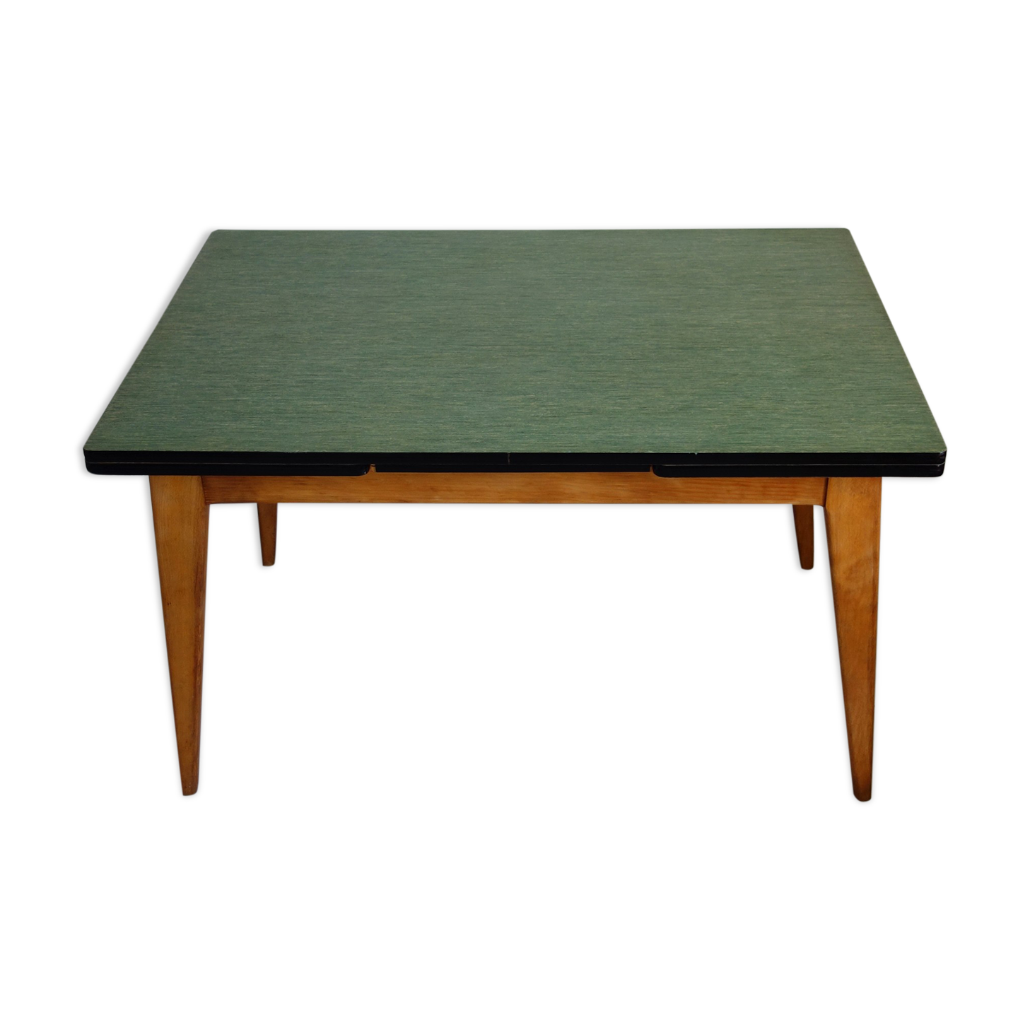Table bois lino vert années 60