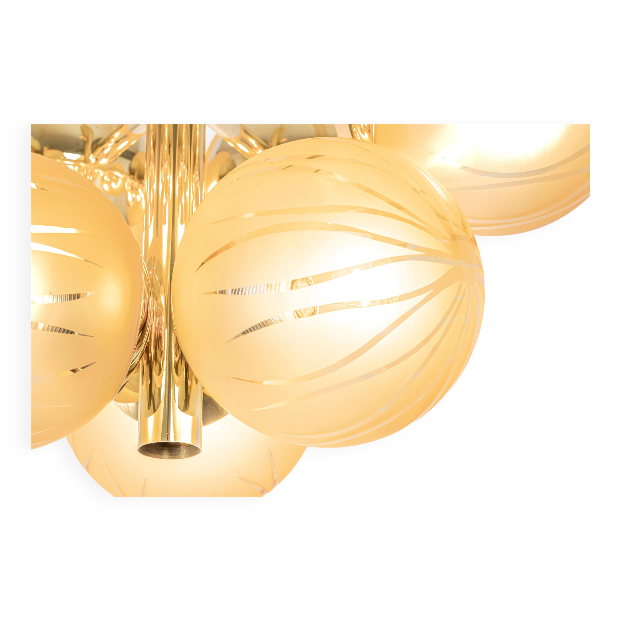 Large Sputnik chandelier in opaline and brass, Germany, 1970s.