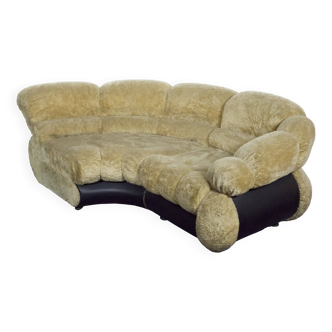 Canapé modulaire Space Age par Adriano Piazzesi, ours en peluche crème et similicuir, Italie des années 1970