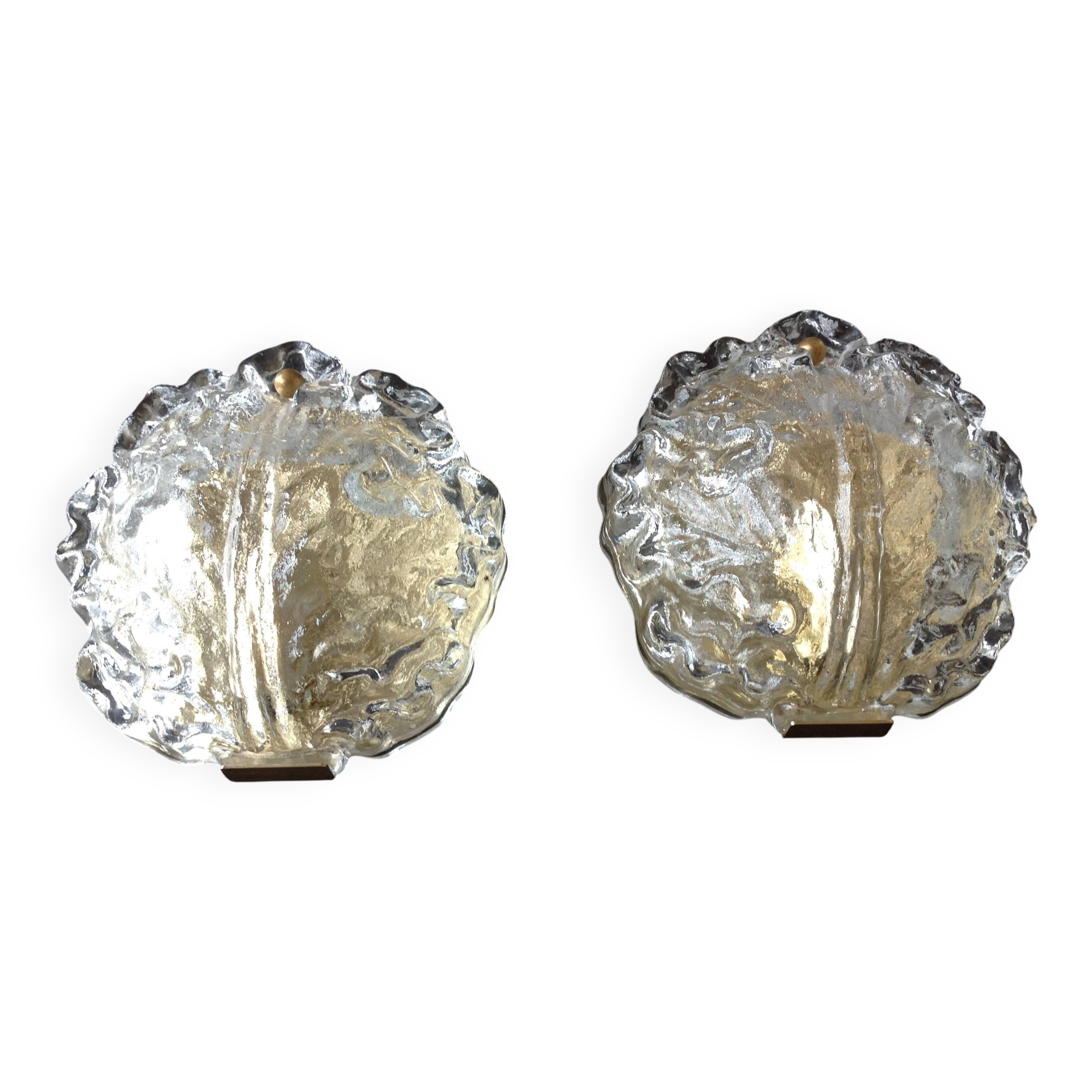 Pair of ice glass and brass wall lights by Limburg / vintage 60s-70s