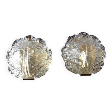 Pair of ice glass and brass wall lights by Limburg / vintage 60s-70s