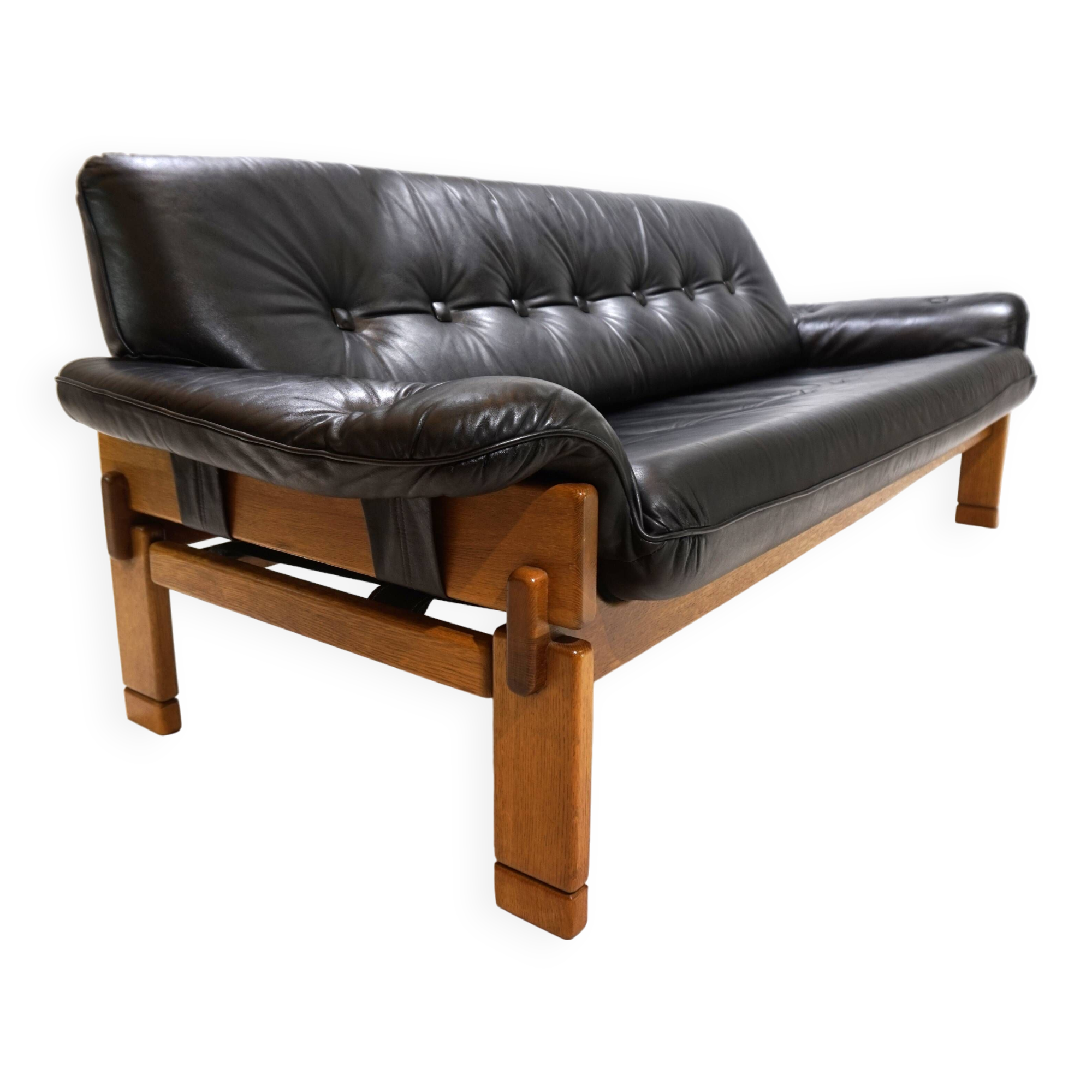 Brutalist 3 seater sofa leather and oak, 1960