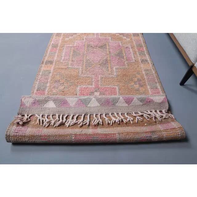 Vintage Turkish Hand-Knotted Wool Cotton Pink Runner92x335