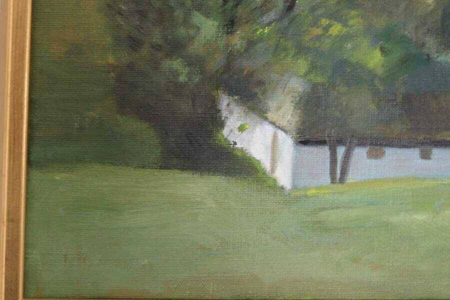 Original Swedish oil on canvas – “Landscape with Farm” by H. Engkvist – dated 1983 – vintage & framed – 41 × 50 cm (16.1" × 19.7")