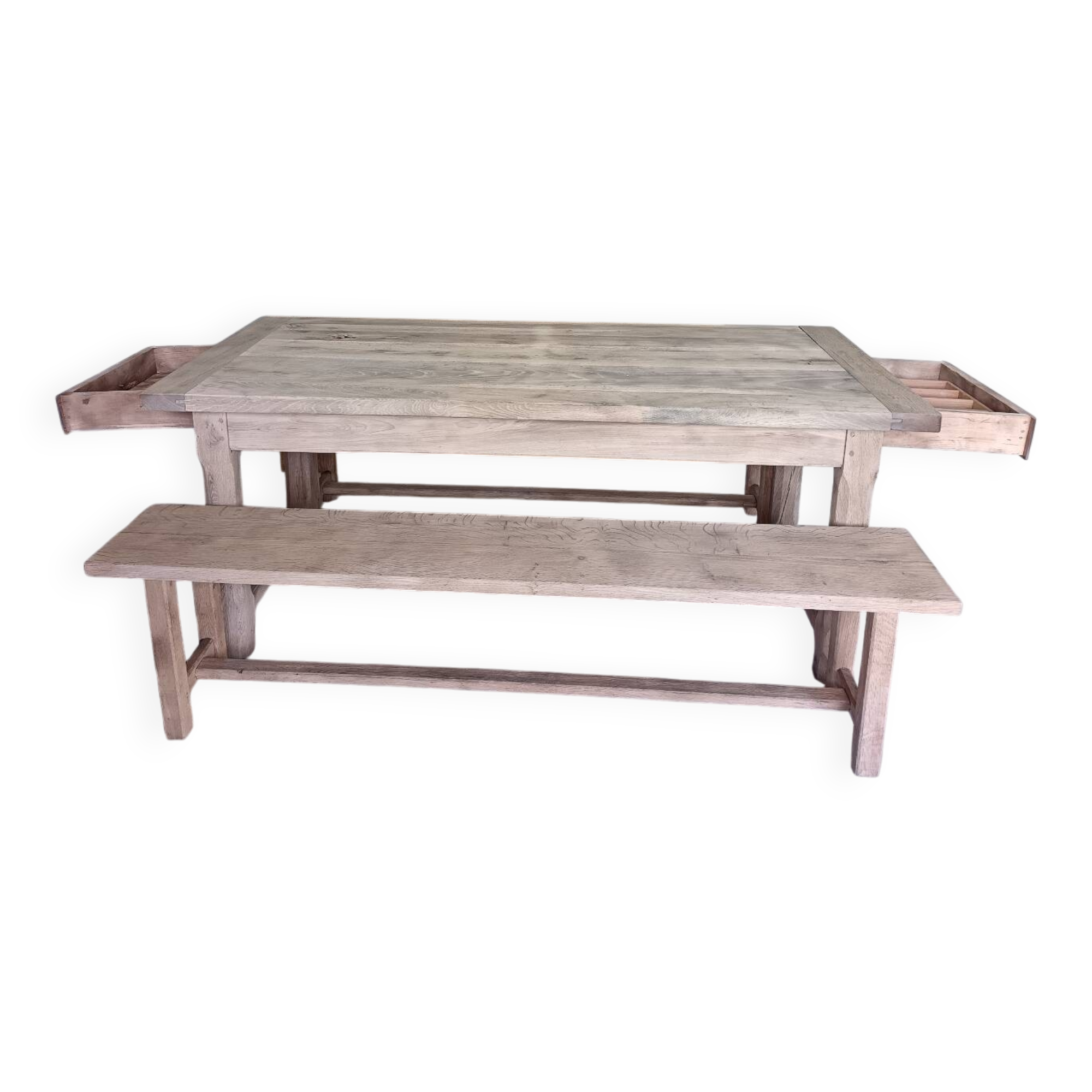 Renovated farmhouse table with 2 drawers and 2 benches