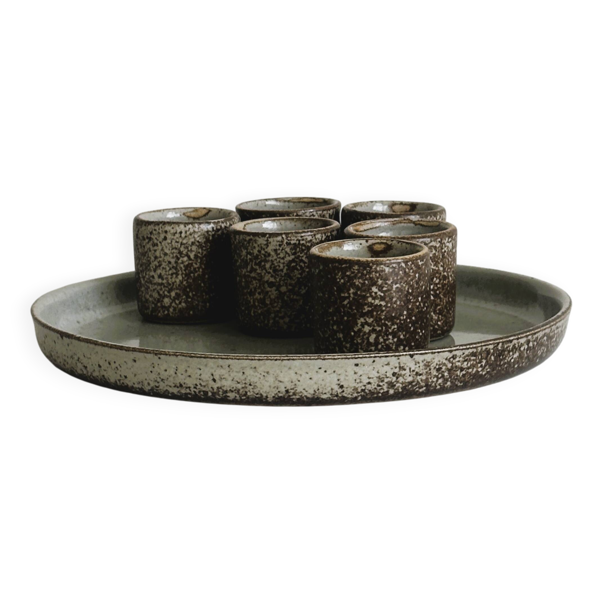Handcrafted stoneware set of 6 liqueur glasses and matching plate