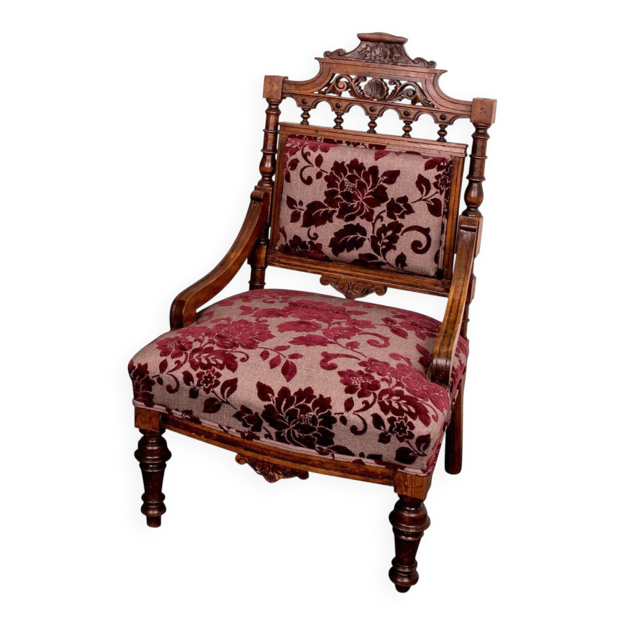 Antique lacquered wooden armchair with burgundy fabric, carved, before 1890.
