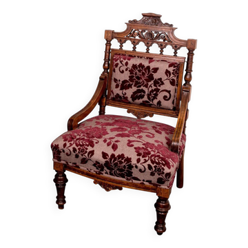 Fauteuil ancien en bois laqué et tissu bordeaux, sculpté, avant 1890