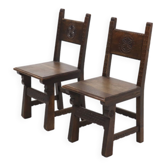 Set of 2 19th Century Spanish Hand Carved Oak Chairs