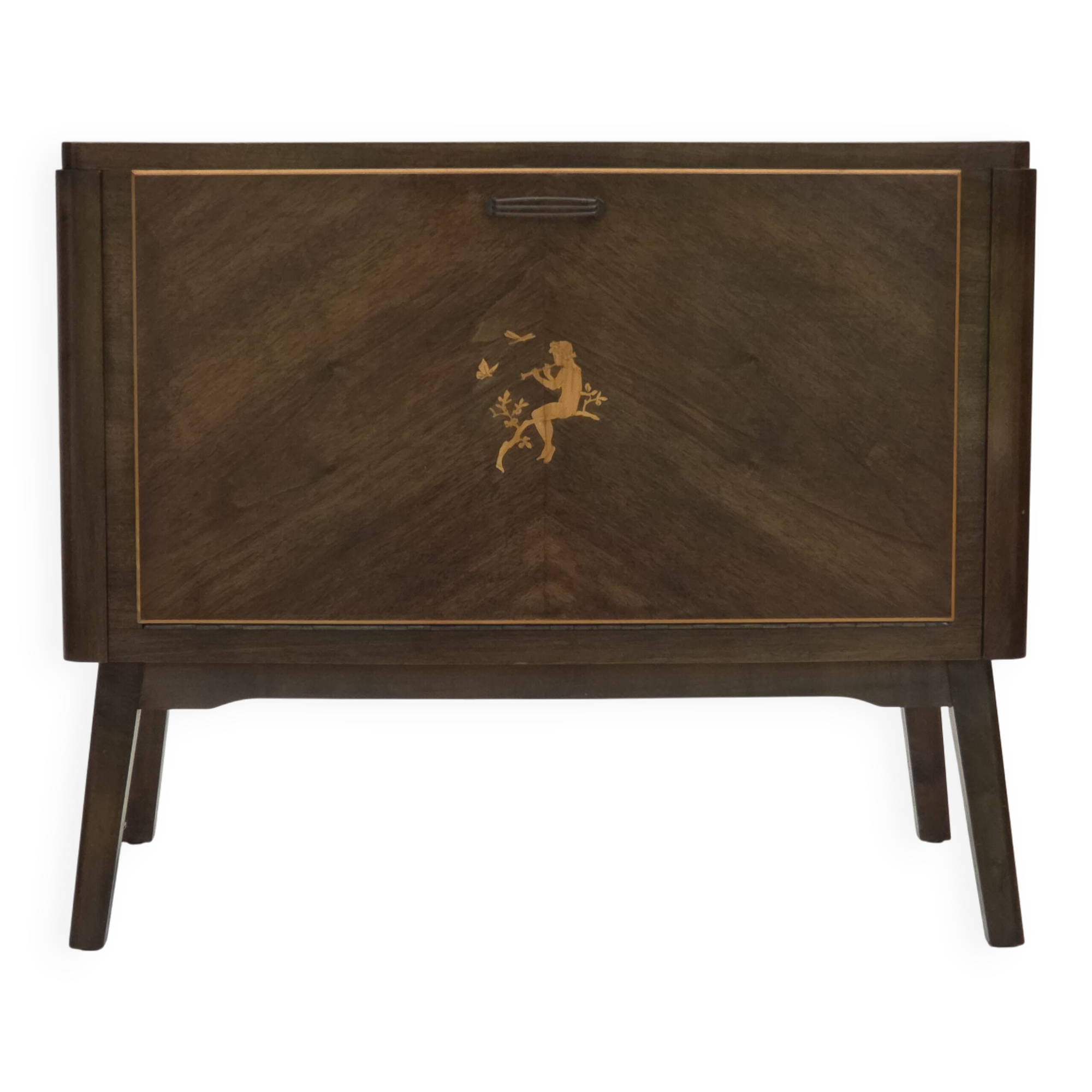 1960s, Danish radio/TV commode, laqered ash wood, wood marquetry door.