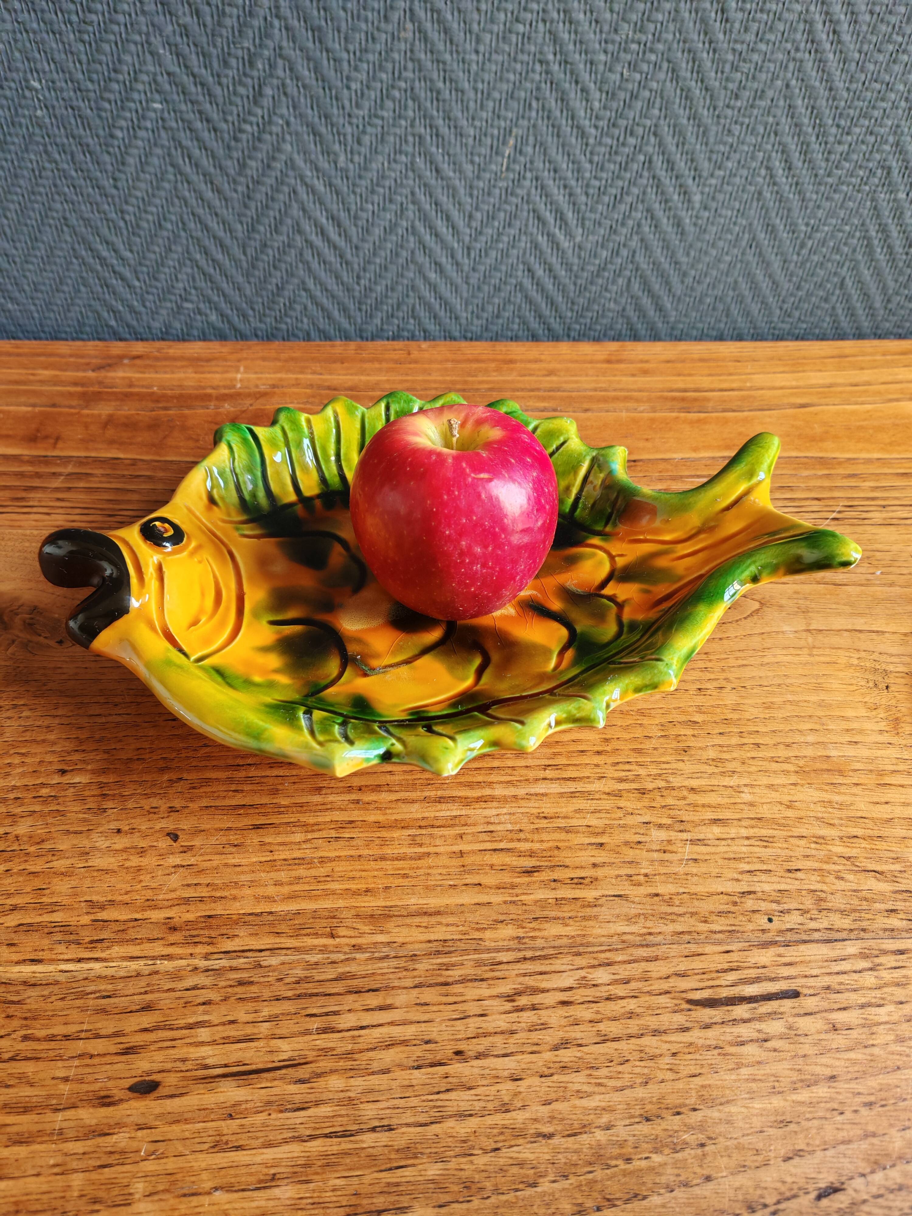 Vintage Fish Plate in Barbotine – Yellow Fish Serving Dish