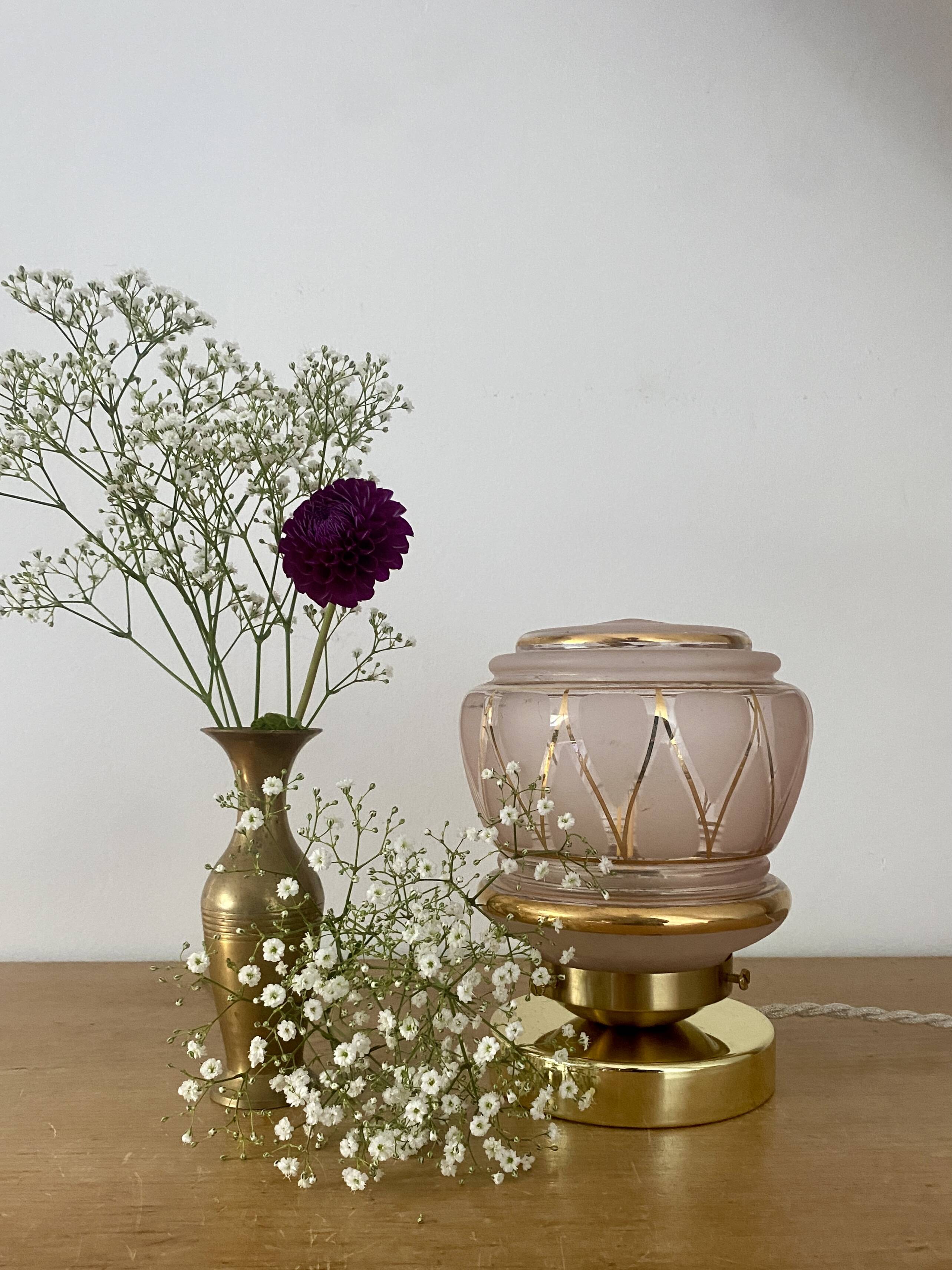 Vintage art deco globe table lamp in pink and gold glass