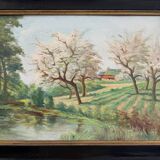 Oil on panel 20th century watercourse trees in bloom blackened wooden frame