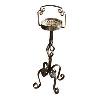 Cendrier sur pied du milieu du siècle en fer forgé et verre, vintage