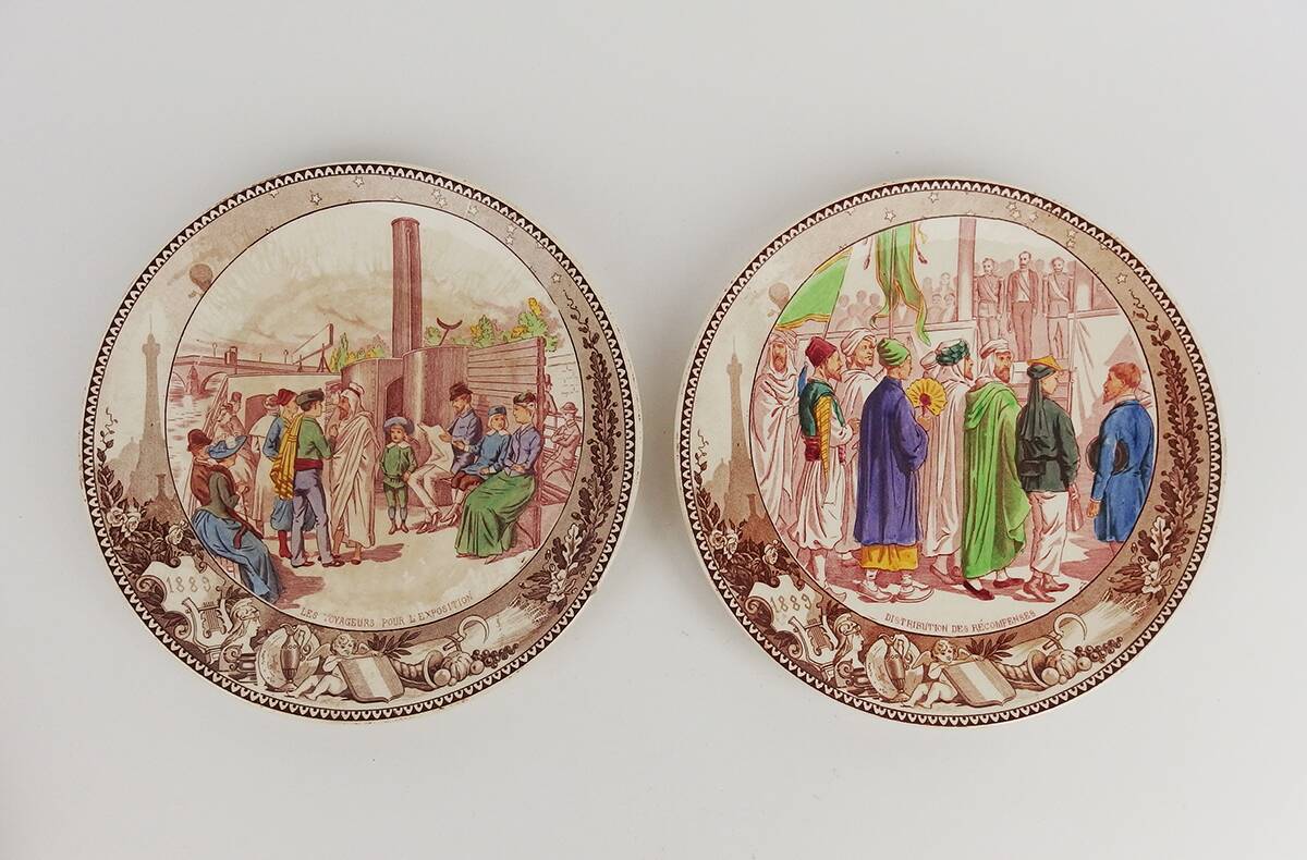 Six Sarreguemines plates "Universal Exhibition" from 1889