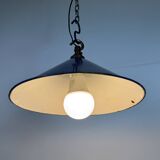 Industrial British Blue Enamel Factory Pendant Lamp, 1950s