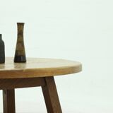 Brutalist Solid Oak Round Coffee Table 1970s