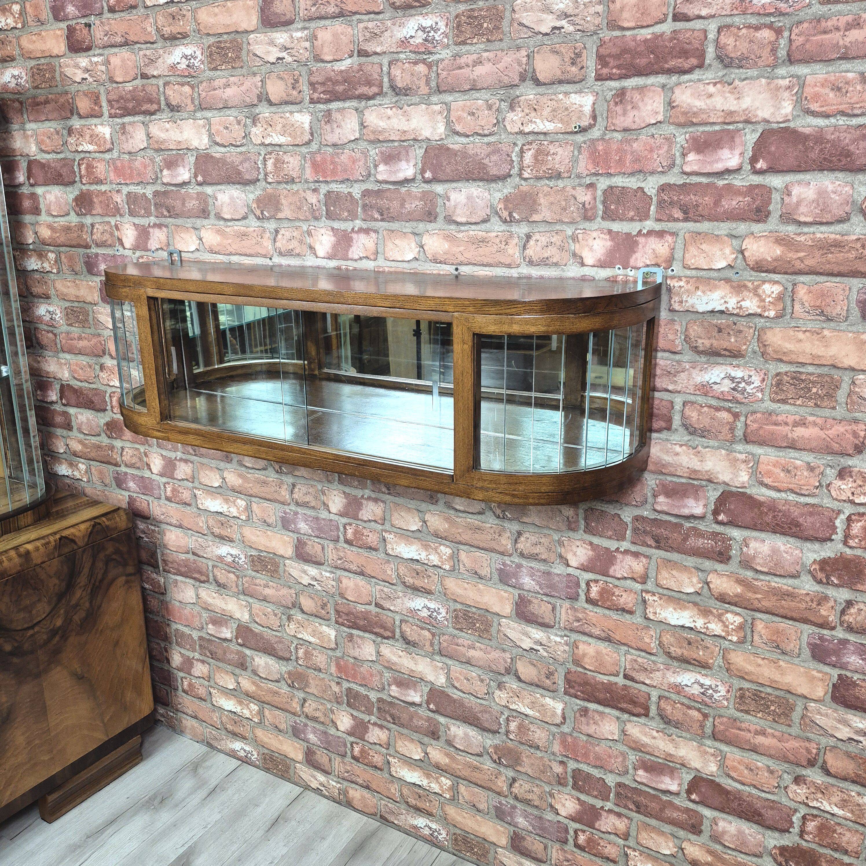 Upcycled Art Deco Oak Wall Display Cabinet with Slatted Glass Corners - 195