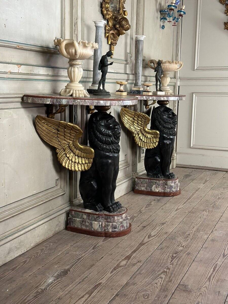 Pair of marble and bronze console tables, Italy, circa 1930