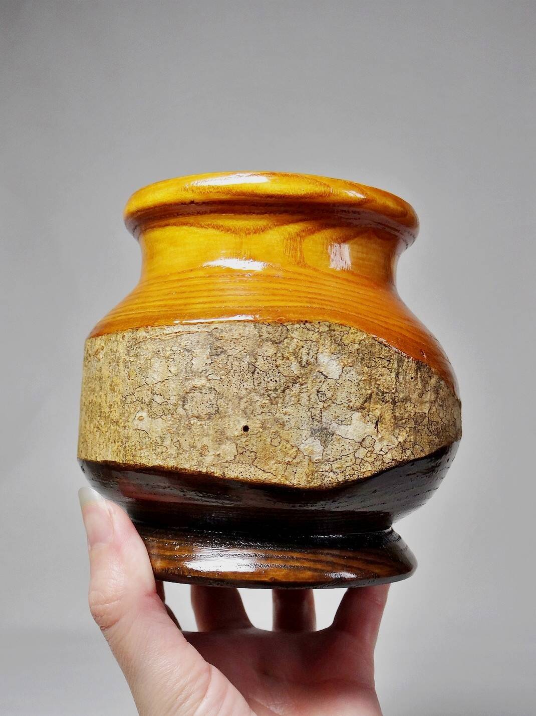 Small turned wooden vase, Brutalist, two-tone varnished with bark