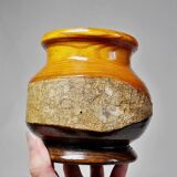 Small turned wooden vase, Brutalist, two-tone varnished with bark