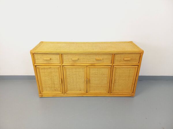 Enfilade meuble de rangement vintage en rotin et rotin tressé des années 70