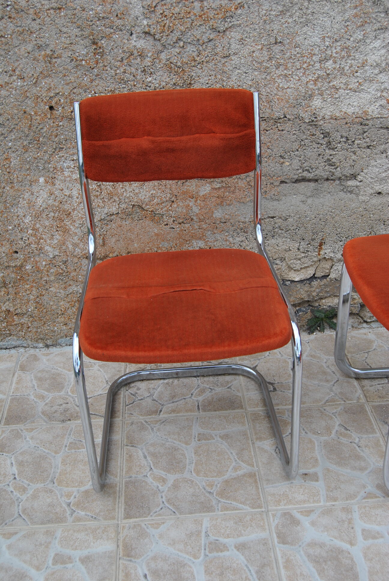 Pair of orange velvet chairs Roche Bobois 70s