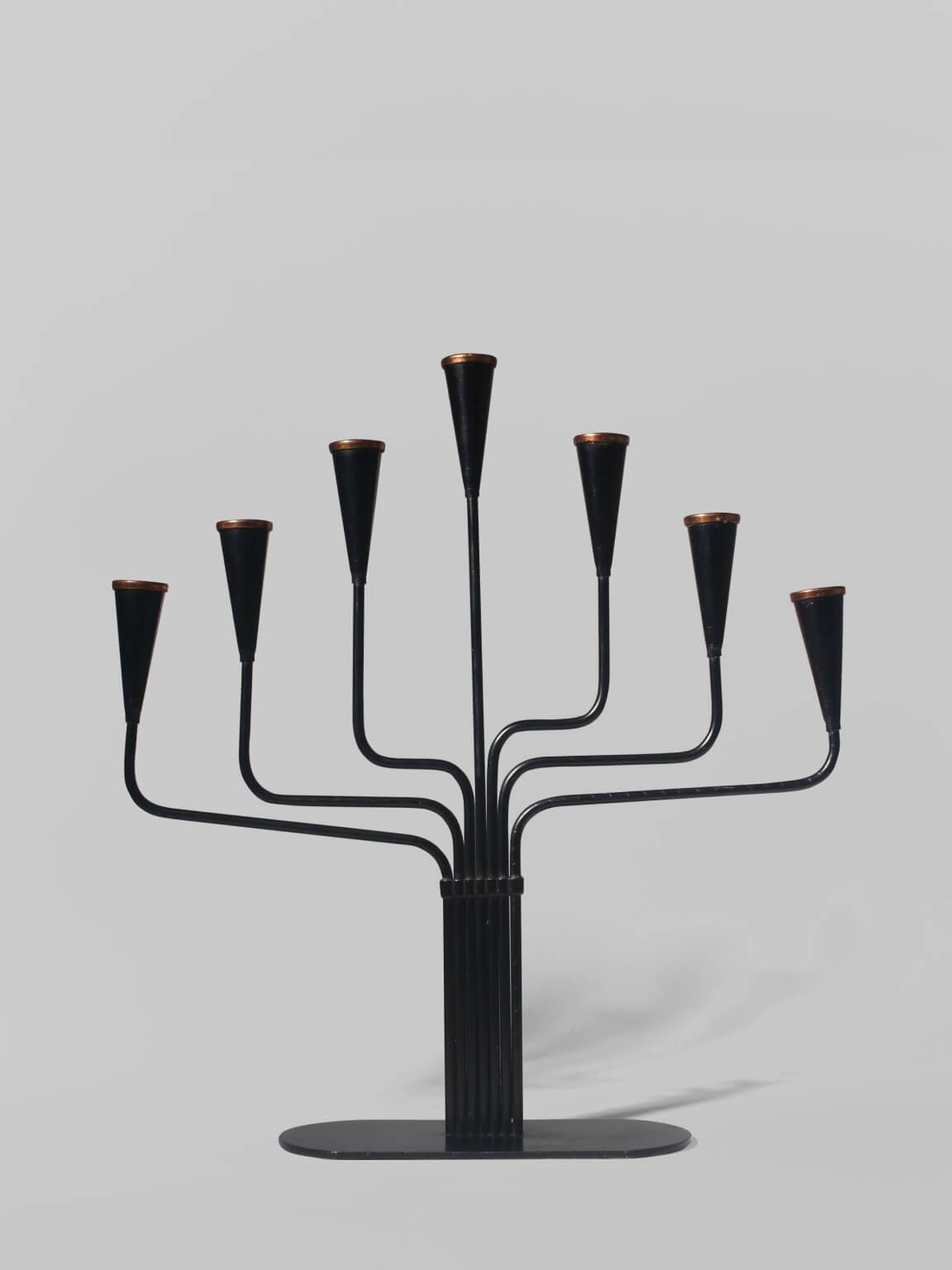Gunnar Ander Black Metal And Copper Candelabra, For Ystad Metall, 1960s