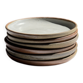 Set of 6 handmade stoneware plates in glazed beige and brown D20 H3