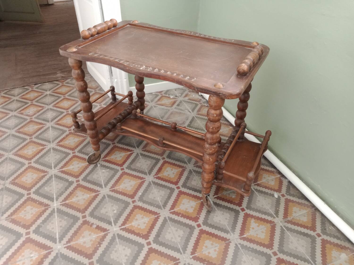 Wooden trolley on wheels