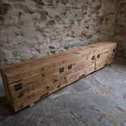 Old French industrial workshop furniture in pine / storage bench, circa 1880–1900
