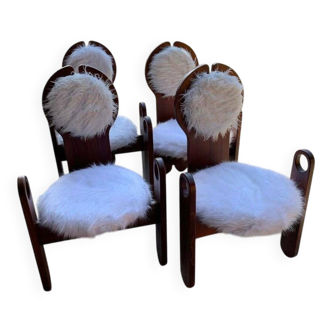 Set of 4 vintage dining chairs in brown pine and white fur by Szedleczky (1970s)