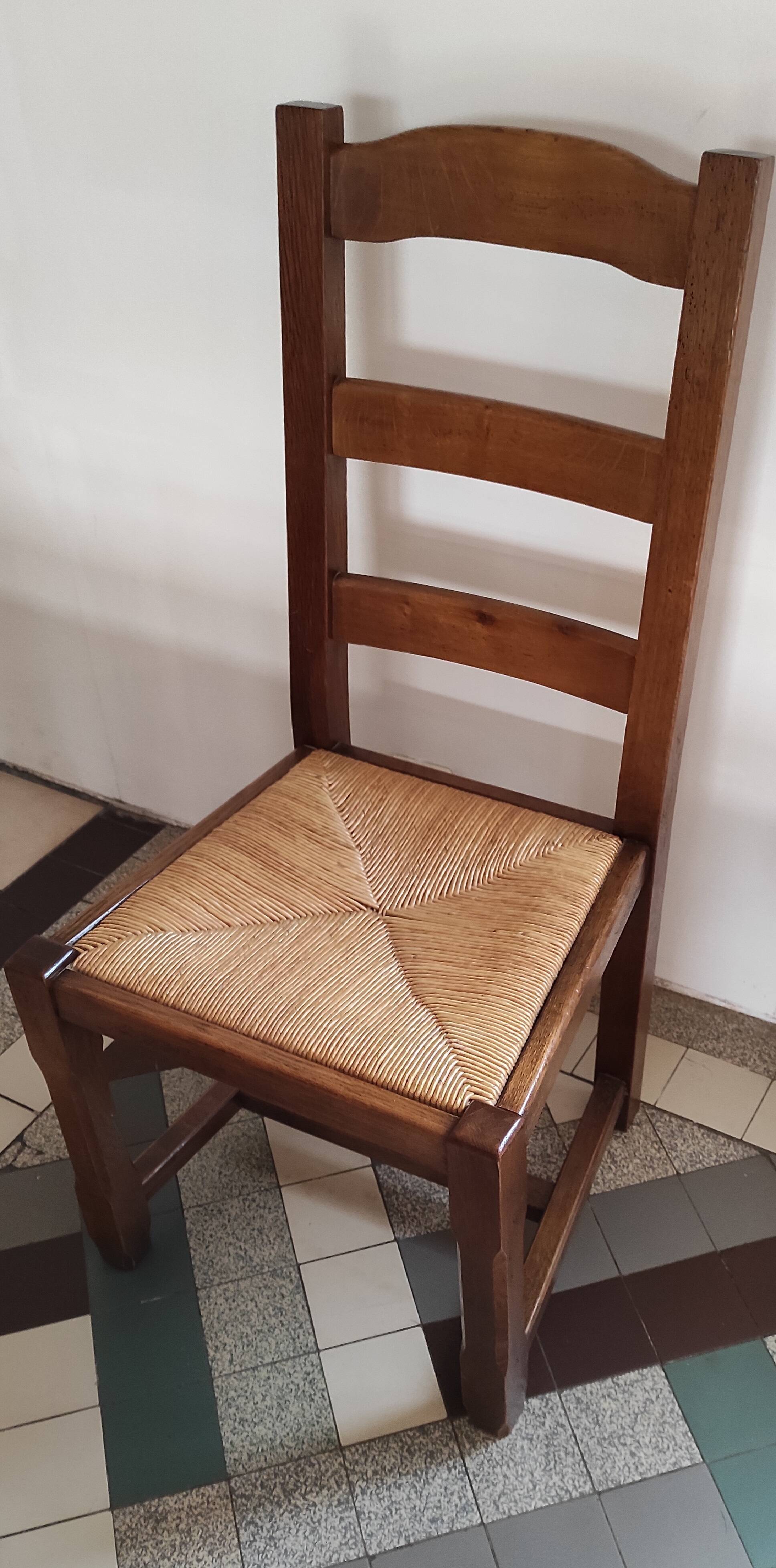 Large solid oak table, tiled top + 4 chairs