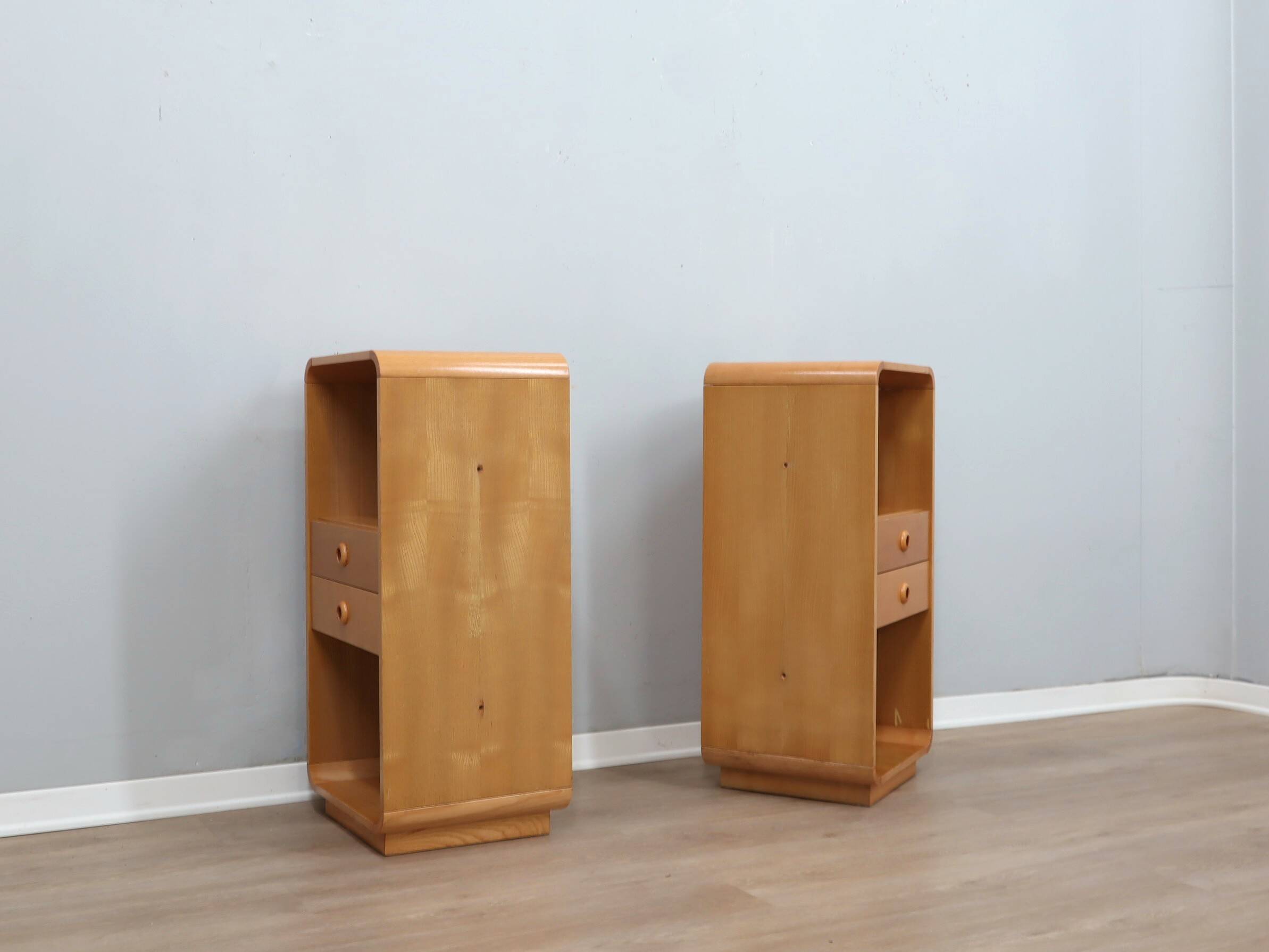 Pair of tall vintage birch wood bedside tables / entryway console 1970s