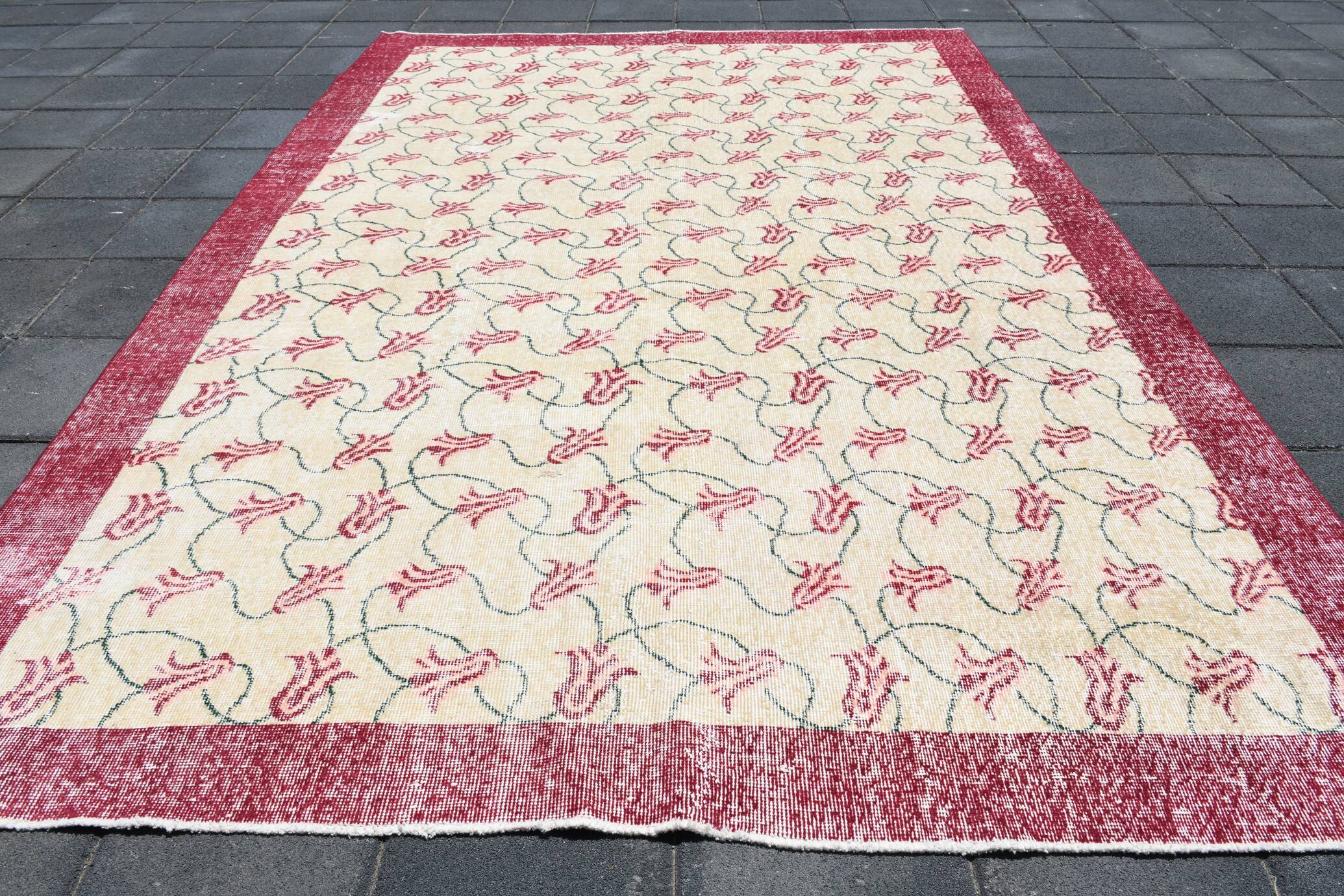 Beige & Burgundy Bordered  Floral Turkish Rug, Neutral Wool Rug, 194x290 Cm