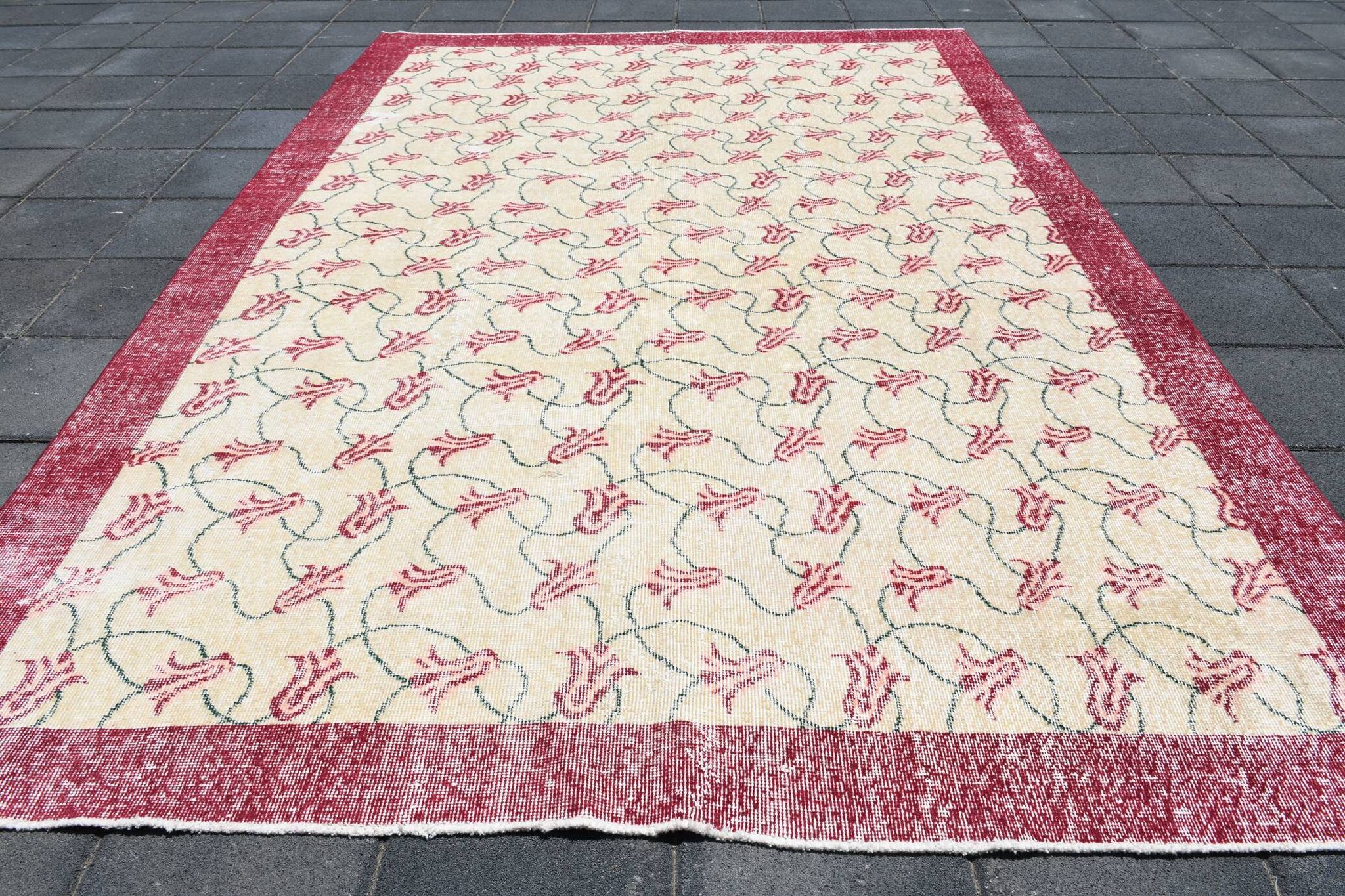 Beige & Burgundy Bordered  Floral Turkish Rug, Neutral Wool Rug, 194x290 Cm
