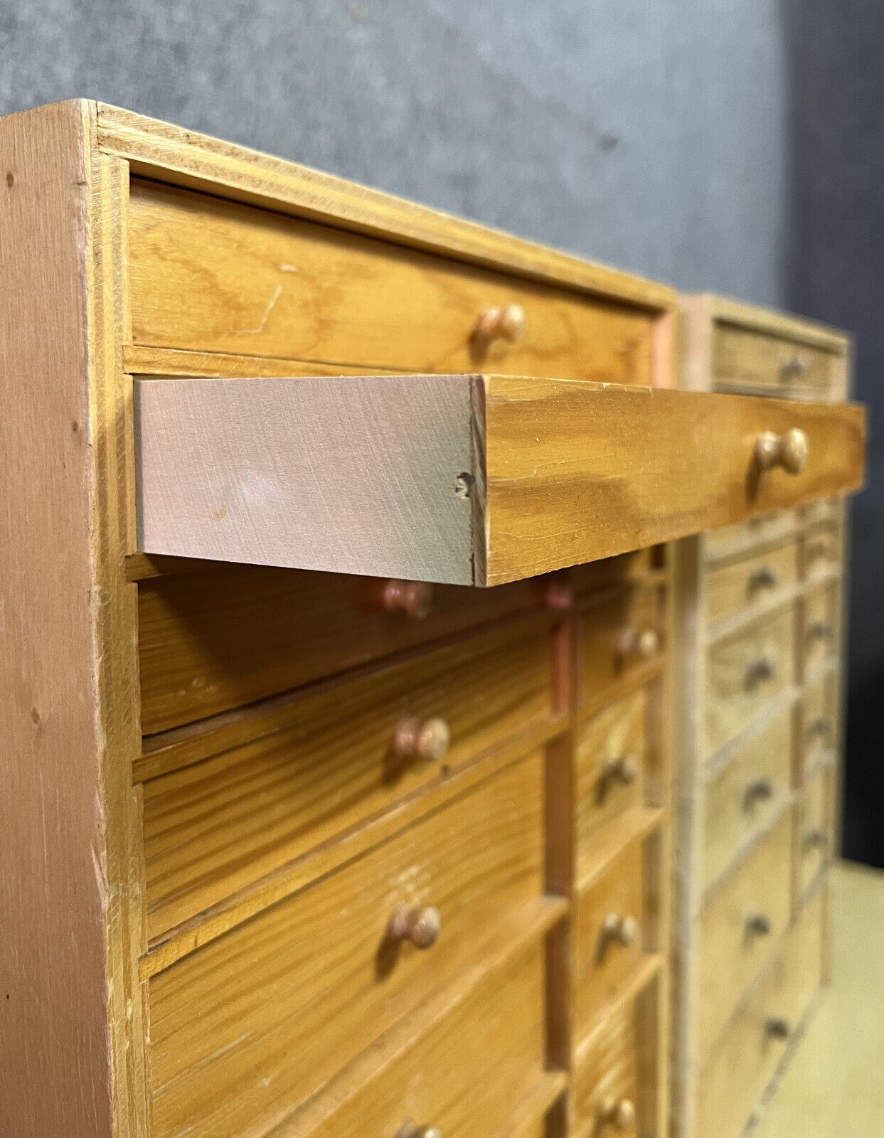 Pair of watchmaker's layettes in natural wood circa 1880-1900