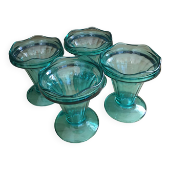 Ensemble de 4 coupes à glaces ou dessert en verre couleur bleu turquoise