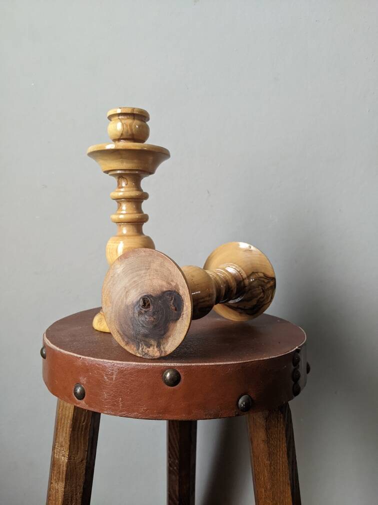 Pair of olive wood candlesticks, turned wood, handcrafted