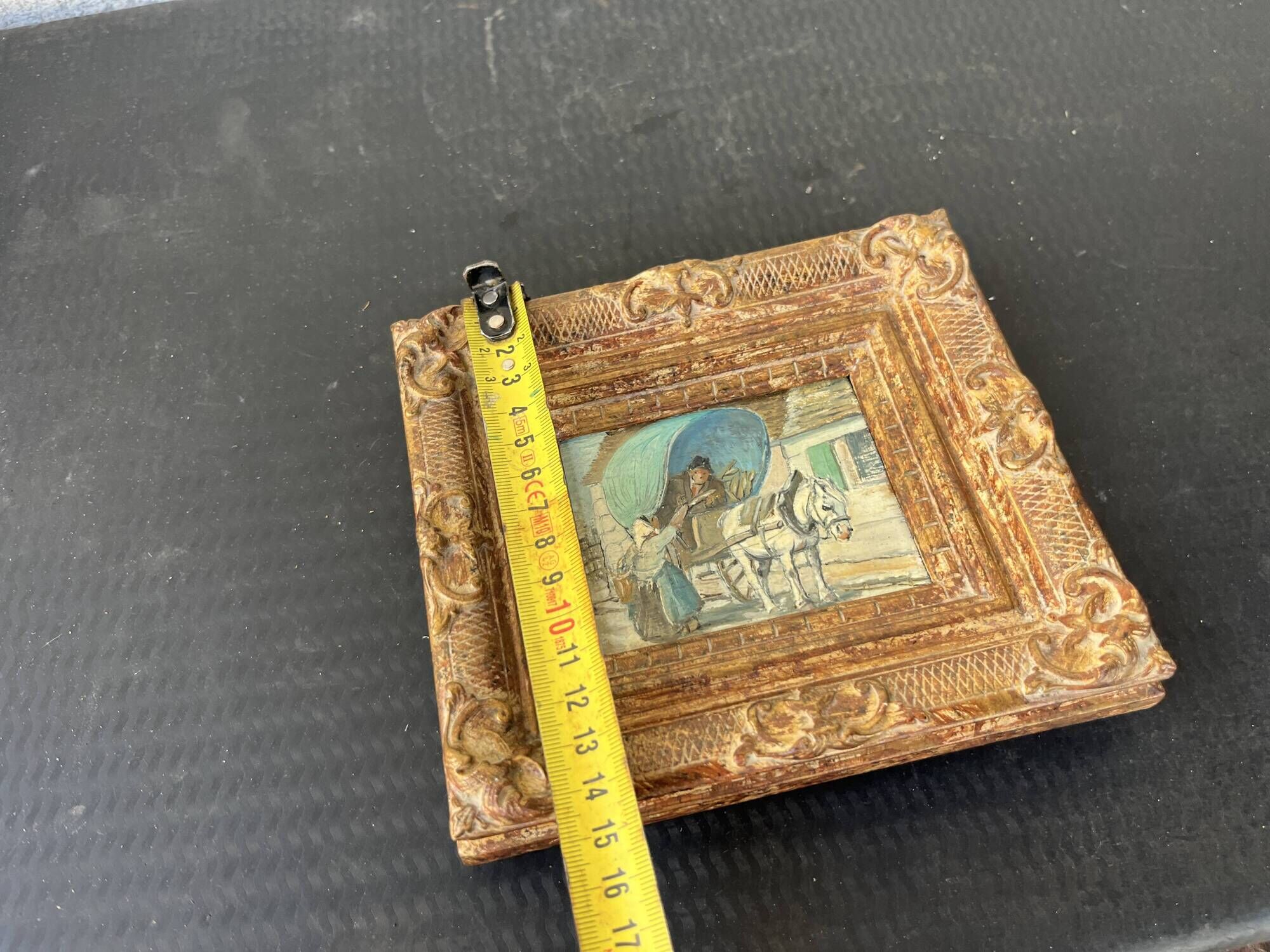 Small antique painting signed Daniel Rouvière – Village scene with horses