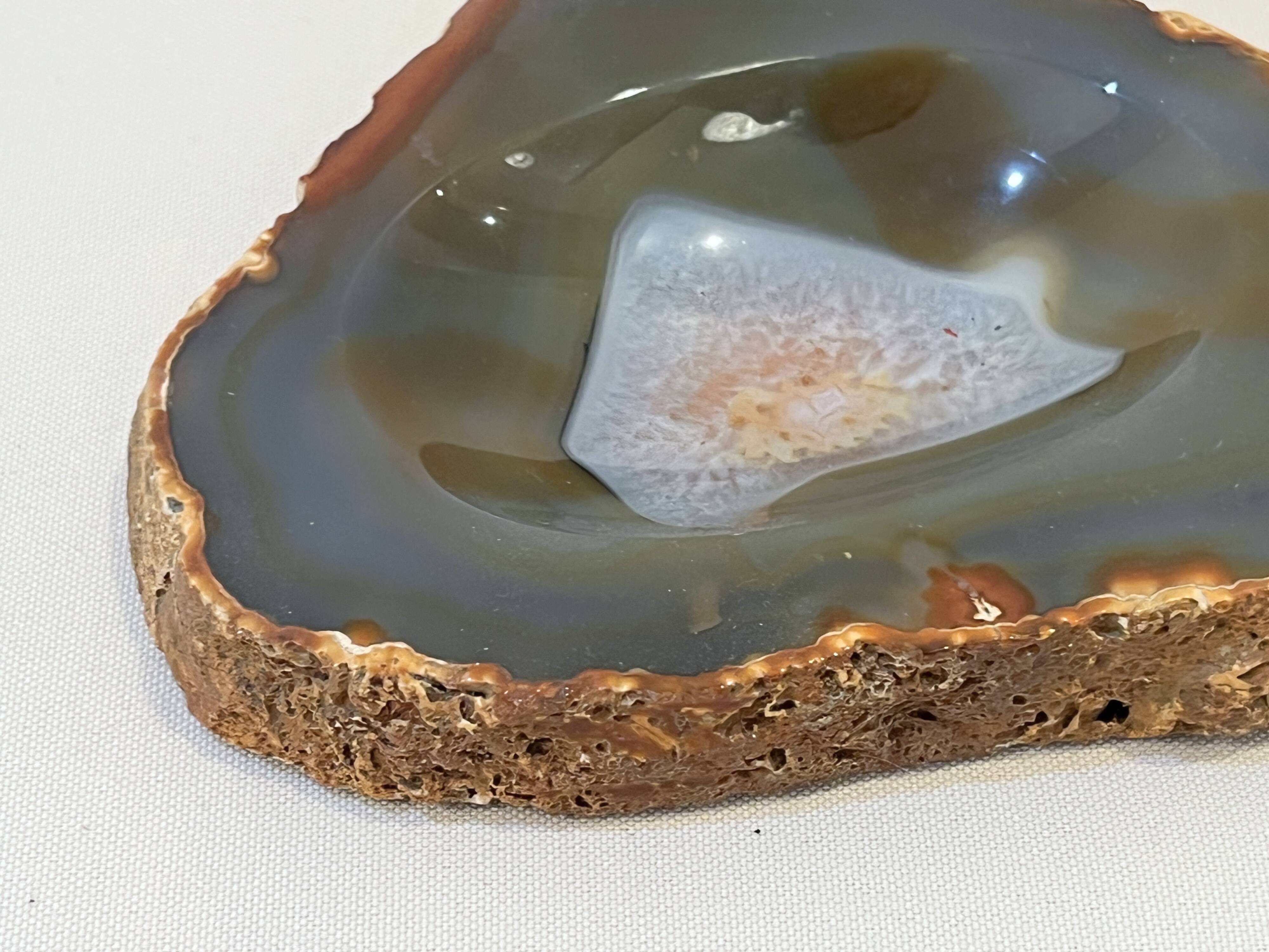 Vintage blue ochre agate slice tray, agate ashtray, 1960s